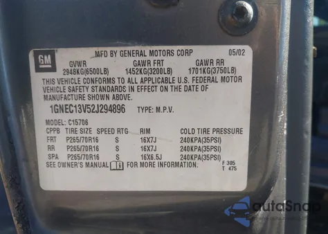 2002 Chevrolet Tahoe Ls from USA, damaged, VIN 1GNEC13V52J294896